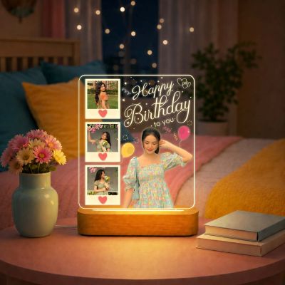 Personalized Happy Birthday Gift for Girlfriend, Wife, Best Friend, Daughter & Sister Bedroom Decor Table Lamp with Wood Stand